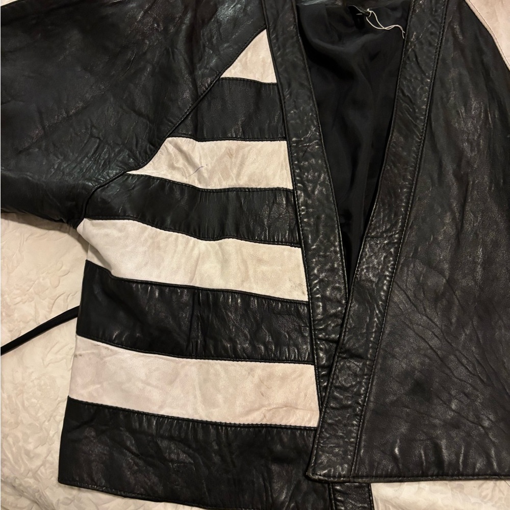 Vintage handmade hand stitched fine real leather jacket two tone white stripe - Picture 15 of 15
